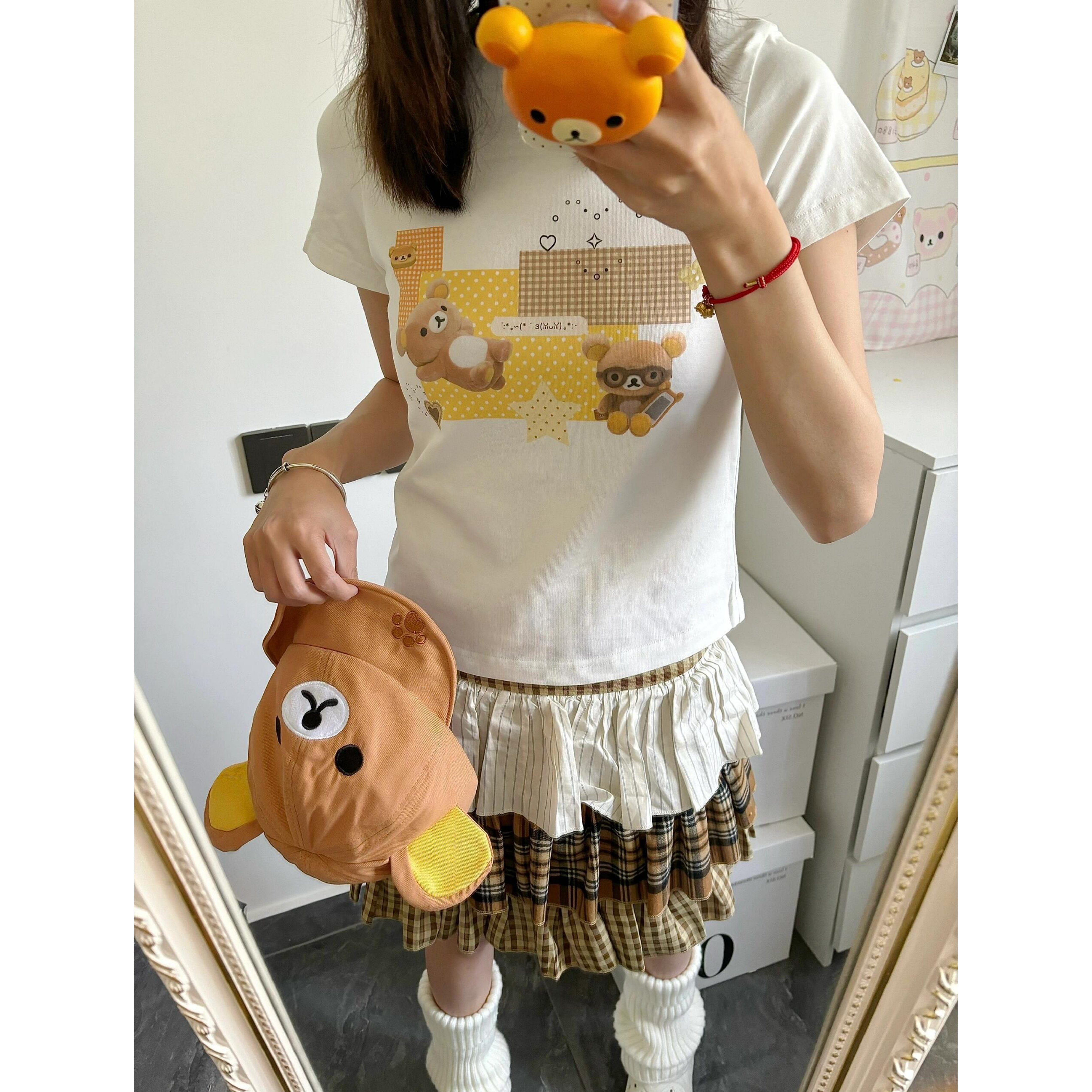正肩独特小上衣 创意可爱轻松熊印花韩系甜美软妹短袖t系短款女夏