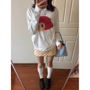 顽季果 绘本感童趣~可爱女孩卡通印花圆领宽松竹节棉长袖女T恤秋