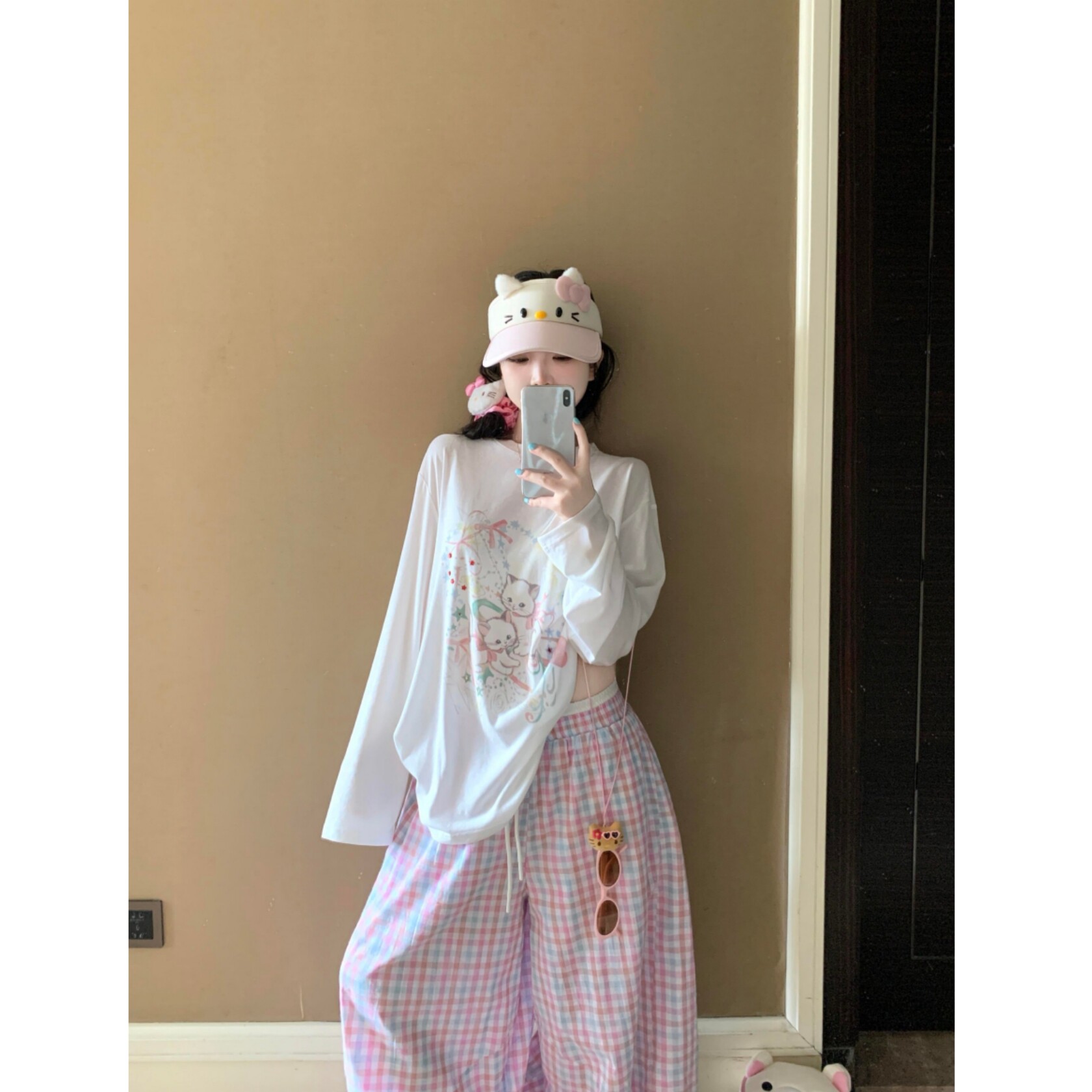 甜美少女风~蝴蝶结猫咪防晒罩衫长袖T恤+慵懒格子阔腿长裤女套装