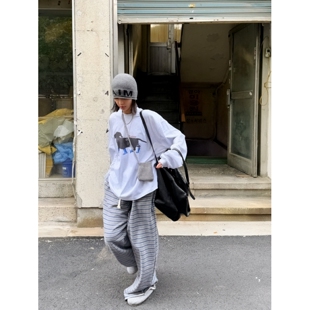 果 蓝白条纹毛边阔腿抽绳裤 巨韩慵懒套装 T恤 腊肠狗宽松长袖 顽季