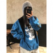 超韩ins慵懒风 顽季 果 趣味米奇印花宽松圆领卫衣加绒女上衣秋冬