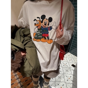 超韩系松弛慵懒风~童趣米奇印花宽松休闲下半身失踪长袖T恤女上衣