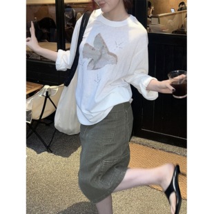 韩国ins风 圆领松弛感女上衣 水彩插画印花长袖 t恤轻薄微透防晒衫