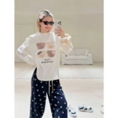 甜美奶油风 秋 松紧休闲长裤 可爱奶熊印花宽松圆领长袖 T恤女上衣