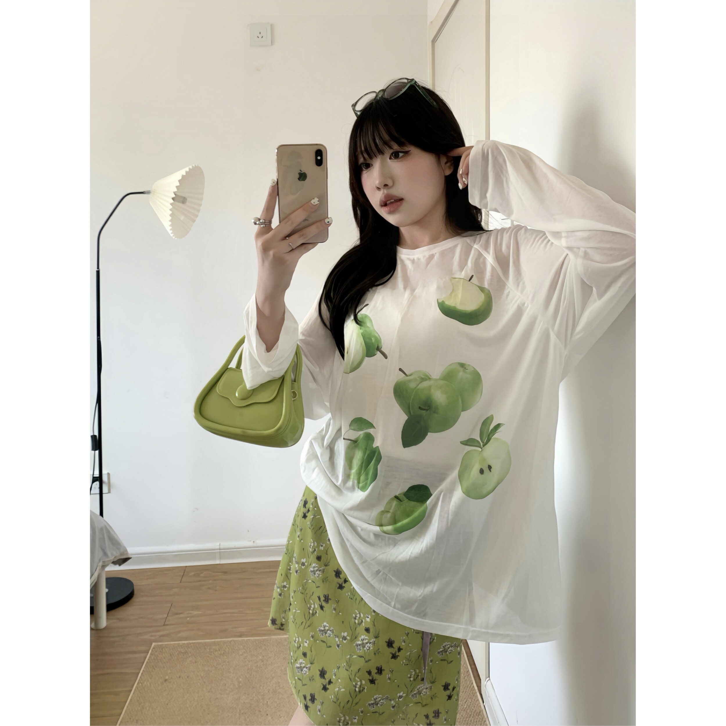 夏日度假风 创意青苹果印轻薄长袖t恤防晒罩衫插肩袖宽松女上衣