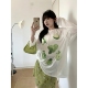 夏日度假风 宽松女上衣 插肩袖 创意青苹果印轻薄长袖 t恤防晒罩衫
