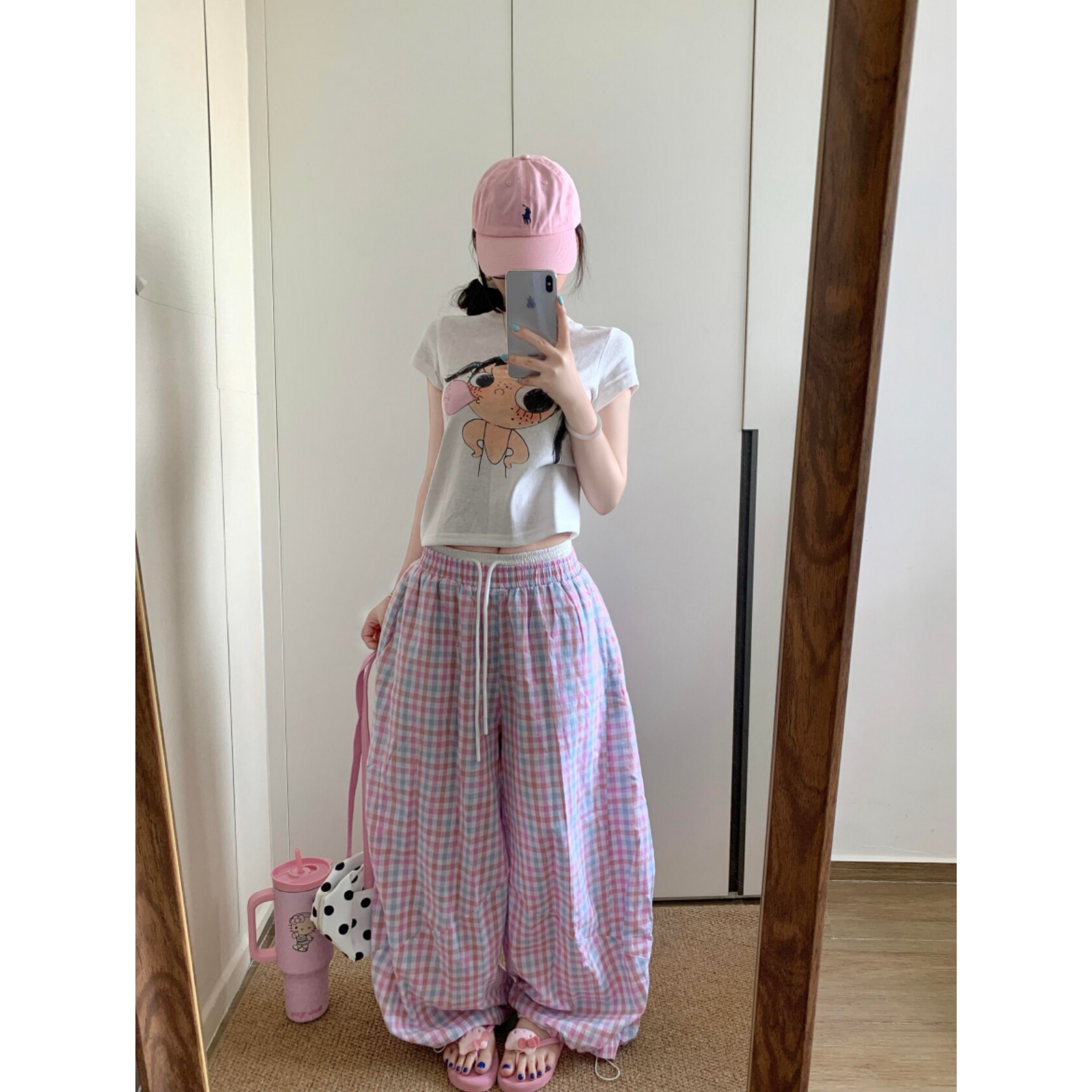 软妹减龄格子T恤阔腿裤女套装图片