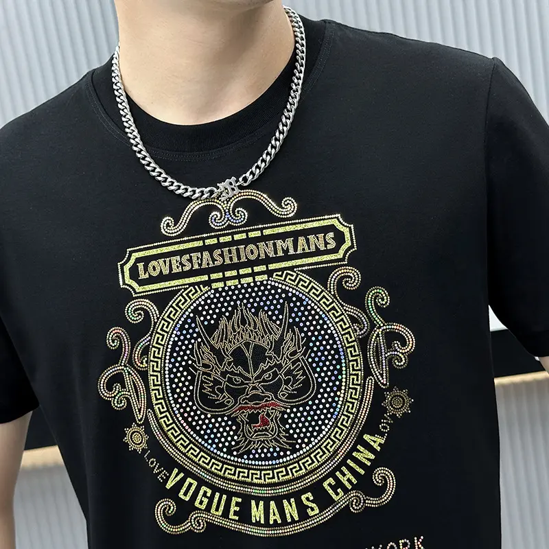 2025新款男士圆领烫钻短袖t恤时尚百搭潮男上衣半袖夏季修身型T恤