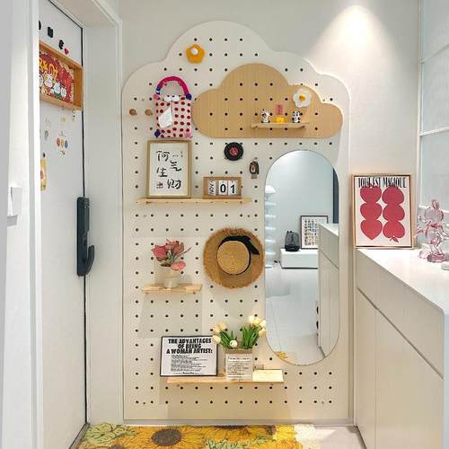 猫不卷洞洞板定制入户玄关全身镜实木置物架镜子展示墙进门收纳层