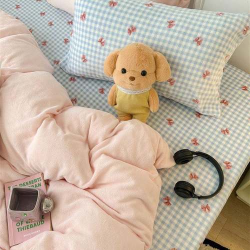 ins冬季加厚牛奶绒小清新少女心纯色混搭格子床上四件套珊瑚绒1.5