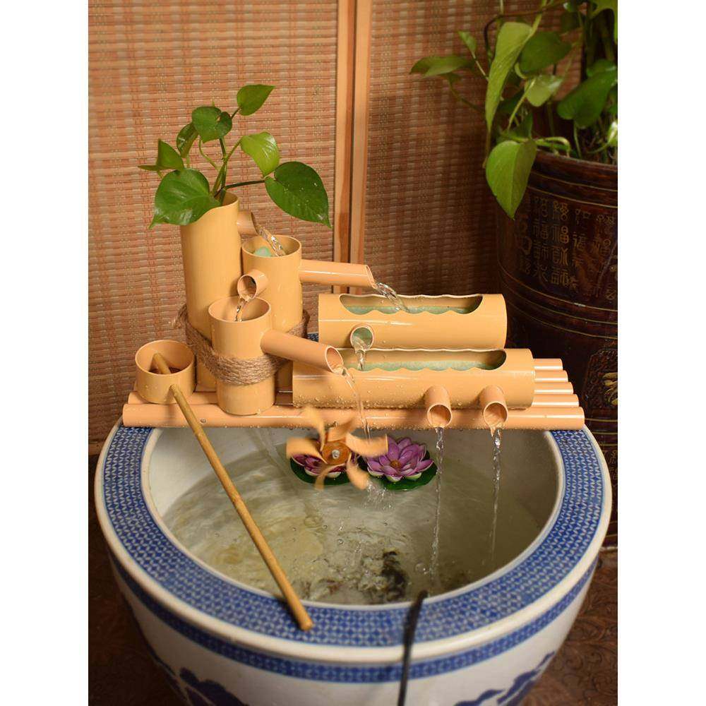 仿真竹子流水器陶瓷鱼缸鱼盆过滤器风水轮车招财摆件喷泉加湿增氧