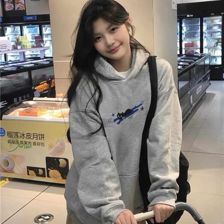 纯棉重磅加绒加厚灰色连帽卫衣女