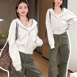 2026春秋新款白灰色小个子显腿长短款开衫外套女拉链卫衣小众上衣