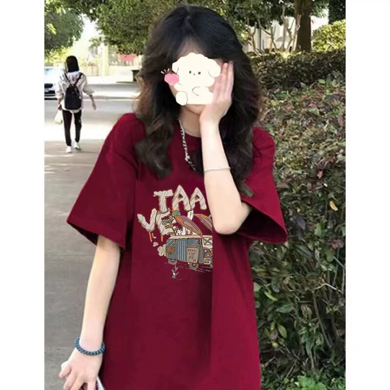 美式纯棉酒红色短袖t恤女oversize宽松2025夏季小众设计感ins上衣