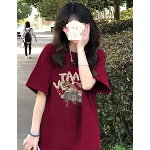 美式纯棉酒红色短袖t恤女oversize宽松2025夏季小众设计感ins上衣
