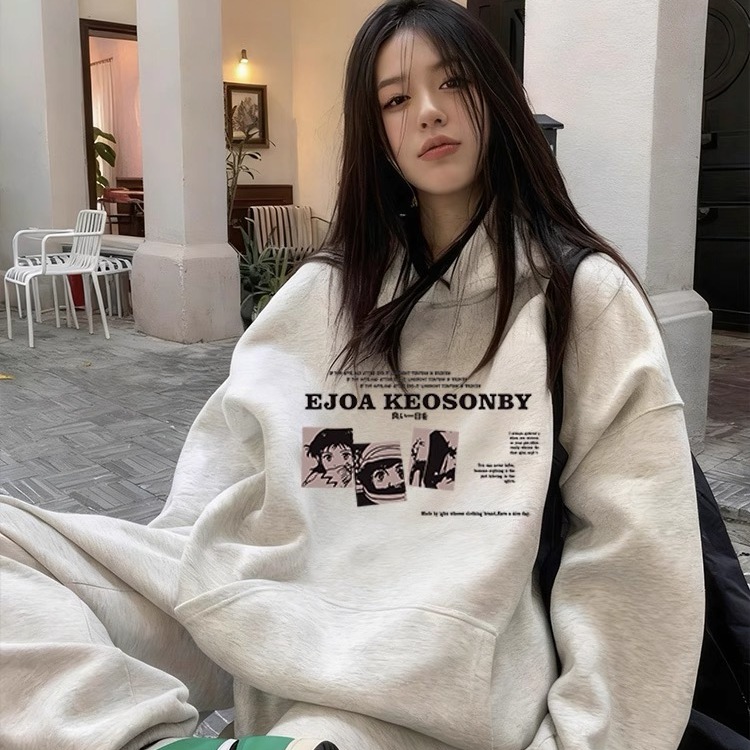 商场品质白灰色连帽卫衣女宽松