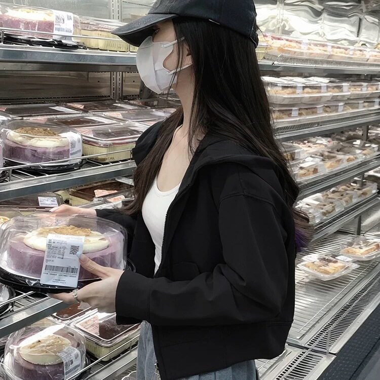 纯棉黑色短款卫衣女开衫拉链外套