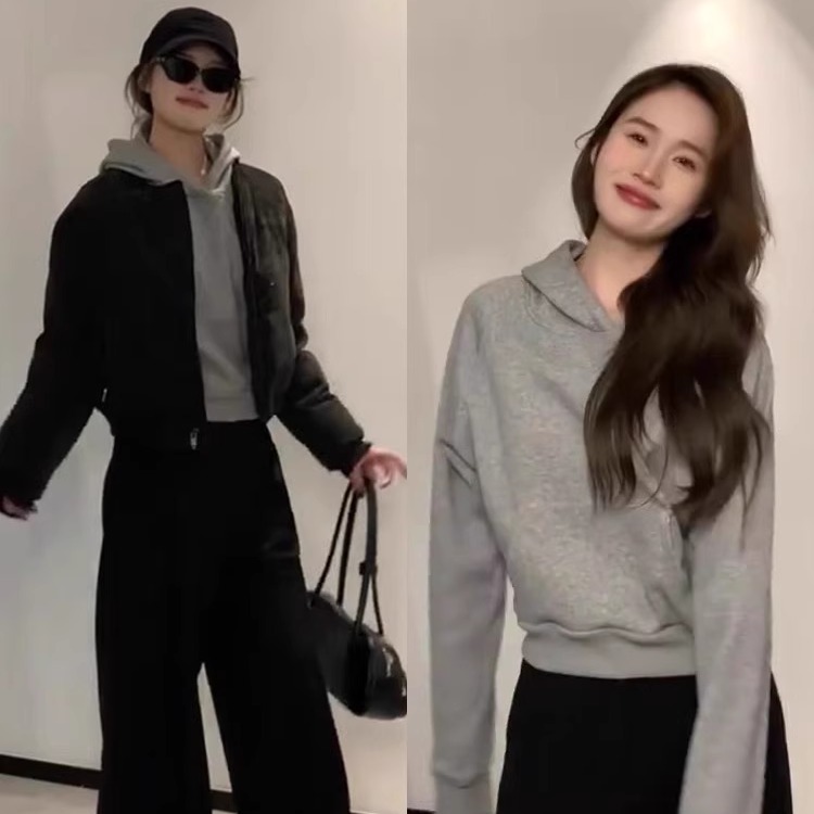 纯棉显瘦显腿长短款连帽卫衣女