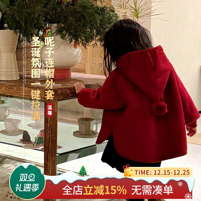大小卷女童外套冬装2025新款儿童加厚圣诞红色女孩新年呢子大衣