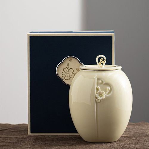 手工捏花陶瓷茶叶罐青瓷茶缸包装盒红茶绿茶大号一斤装密封罐茶仓