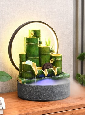 竹子流水器摆件循环养鱼喷泉水轮桌上客厅办公室竹筒开 业送