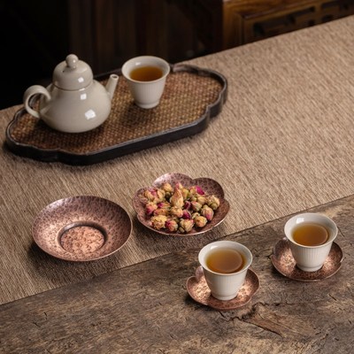中式家用紫铜杯垫手工锤纹杯托功夫茶具隔热垫茶道配件铜茶托杯碟