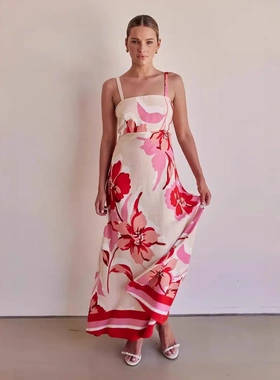 25年欧美新款女装长裙度假风修身花朵印花吊带连衣裙-68531涤纶