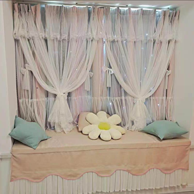 公主风窗帘遮光2024新款女孩卧室女生儿童房间双层带纱飘窗挂钩式