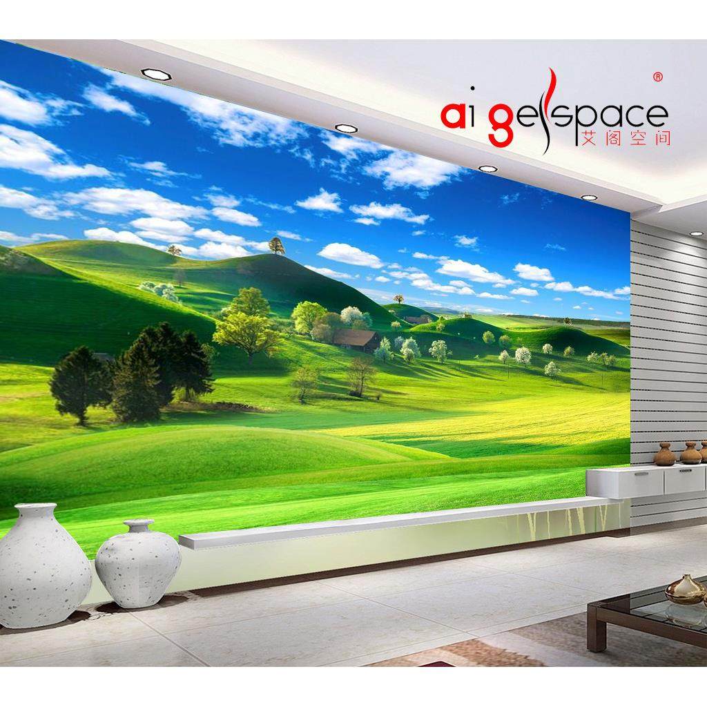 FJ0995蓝天白云草地高清晰空间延伸护眼3d立体电视墙沙发墙卧室墙,家装主材,定制壁画,淘宝优惠券,粉丝福利购,淘宝优惠卷