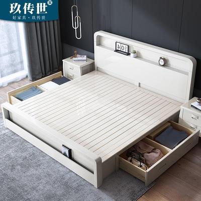 床现代简约极简1.8米实木床白色北欧日式高箱储物主卧1.35m单人床