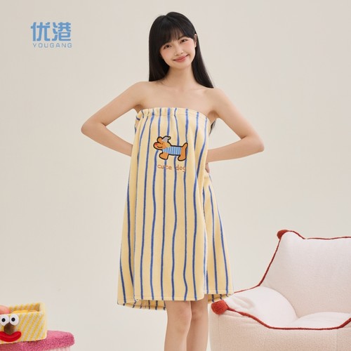 优港可穿浴裙浴袍可爱复古条纹