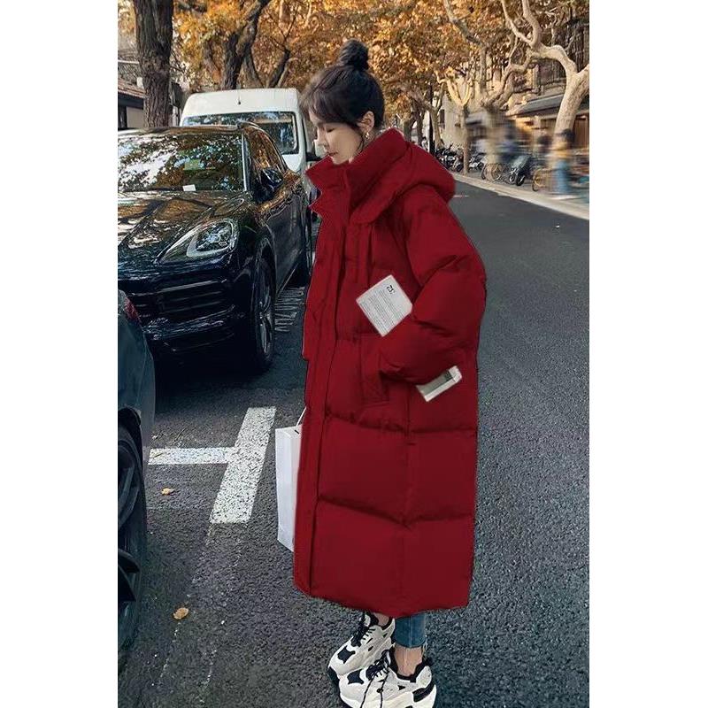 红色过膝羽绒棉服女冬季20