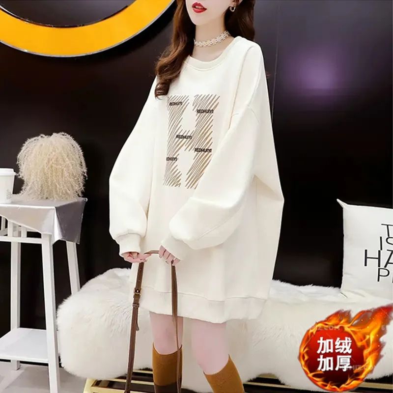 遮屁股加绒加厚过臀卫衣裙胖MM特大码300斤秋冬印花中长款连衣裙