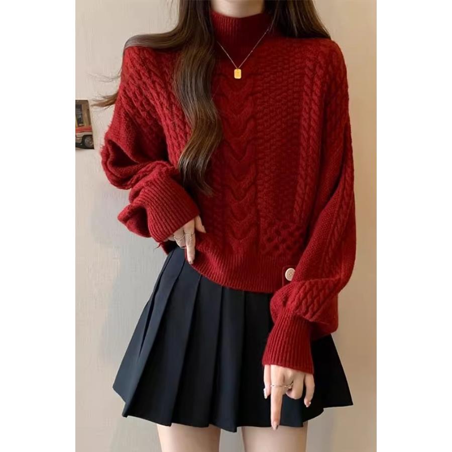 RPIN超好看红色麻花毛衣女