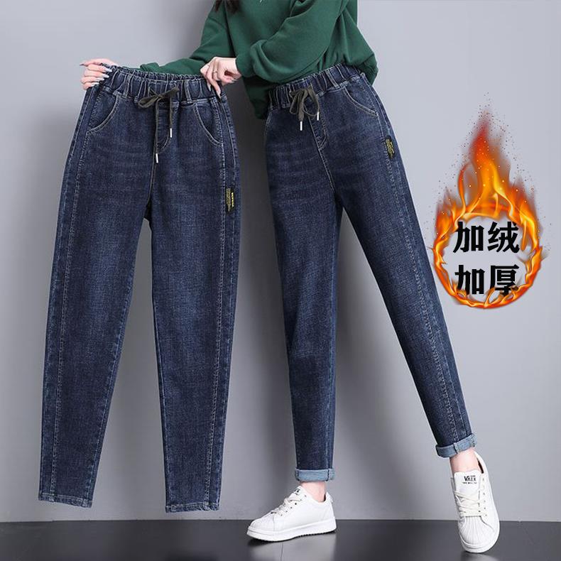 松紧腰加绒牛仔裤女高冬季