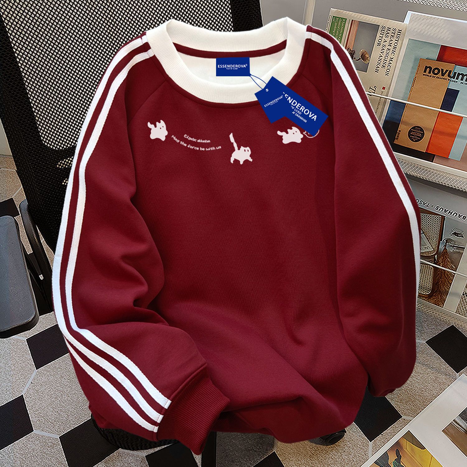 100%纯棉重磅潮牌三条杠圆领卫衣秋冬加绒休闲中长款女高街上衣潮