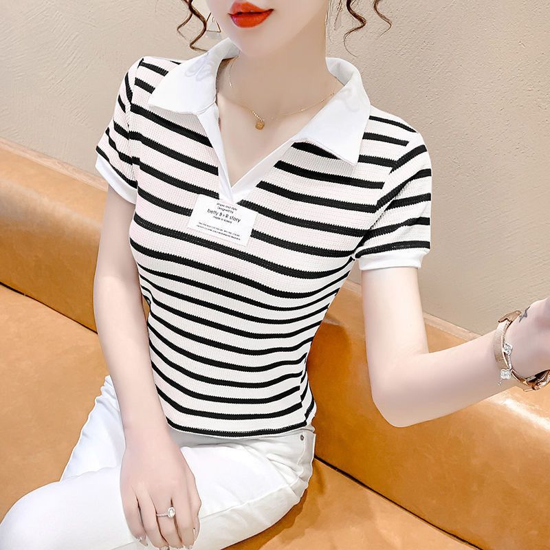 短袖正肩t恤女夏季法式小众polo衫修身显瘦独特别致条纹短款上衣