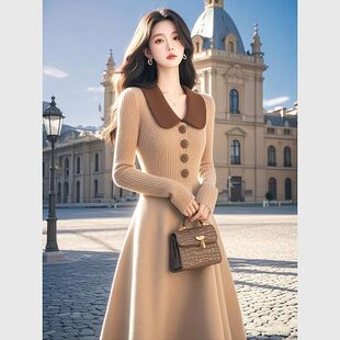 富家千金法式 收腰显瘦配大衣针织长裙女 高级感毛衣连衣裙2024冬季