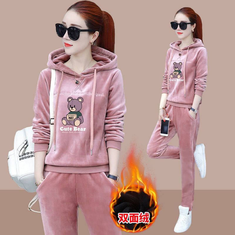 运动加绒厚金丝双面卫衣女