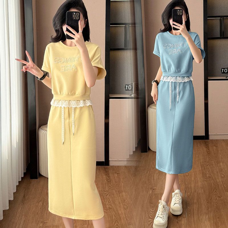 网红休闲运动裙套装女2025夏季新款宽松蕾丝拼接卫衣半身裙两件套