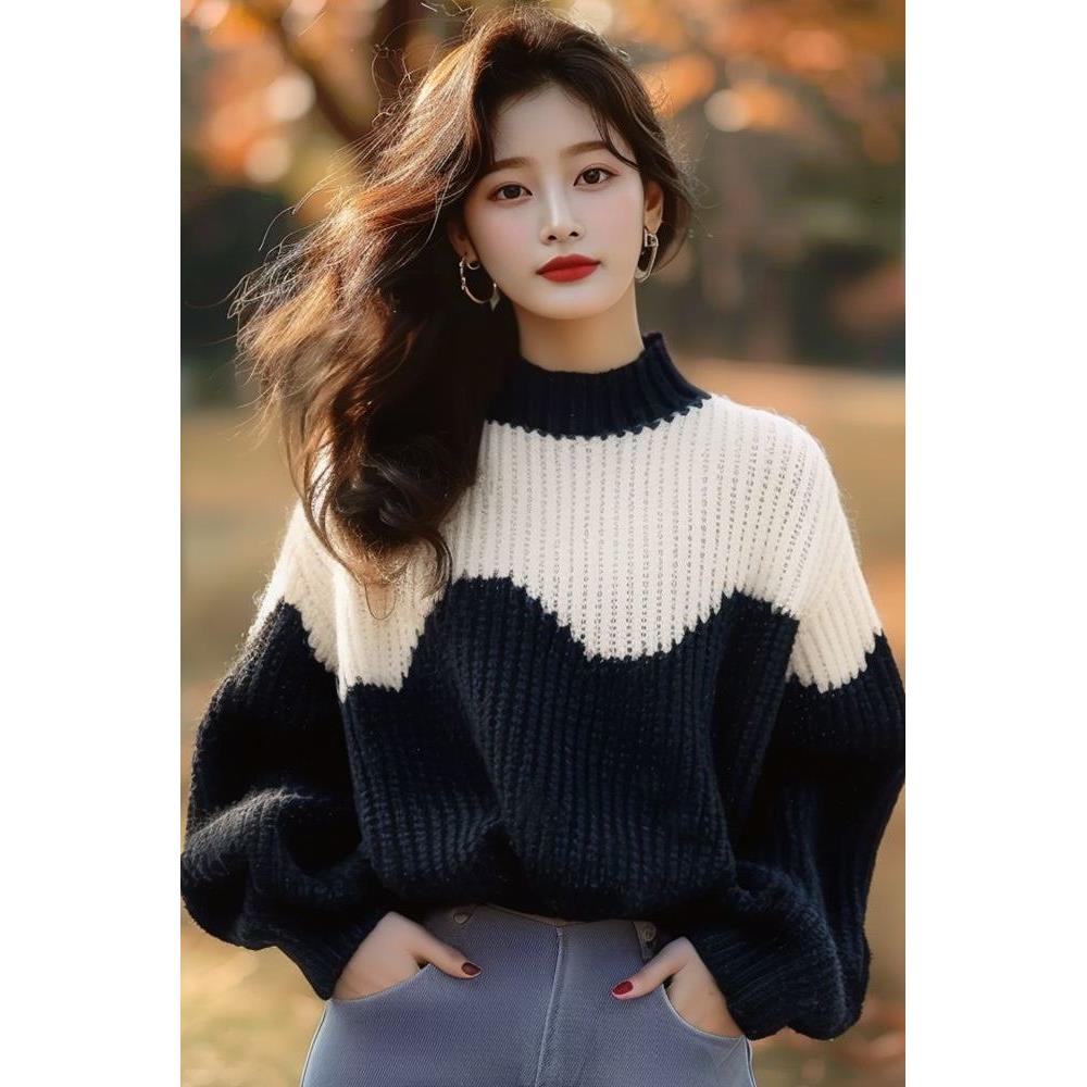 黑白撞色粗线毛衣女款2024