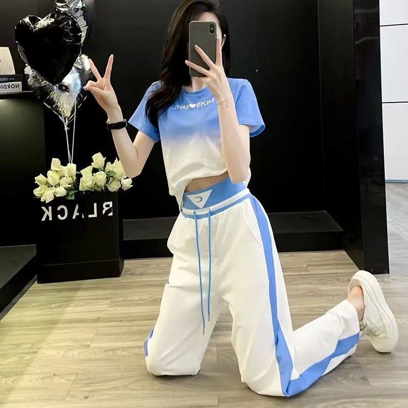 渐变短袖运动风套装女夏2025韩版潮休闲时尚阔腿裤两件套减龄宽松