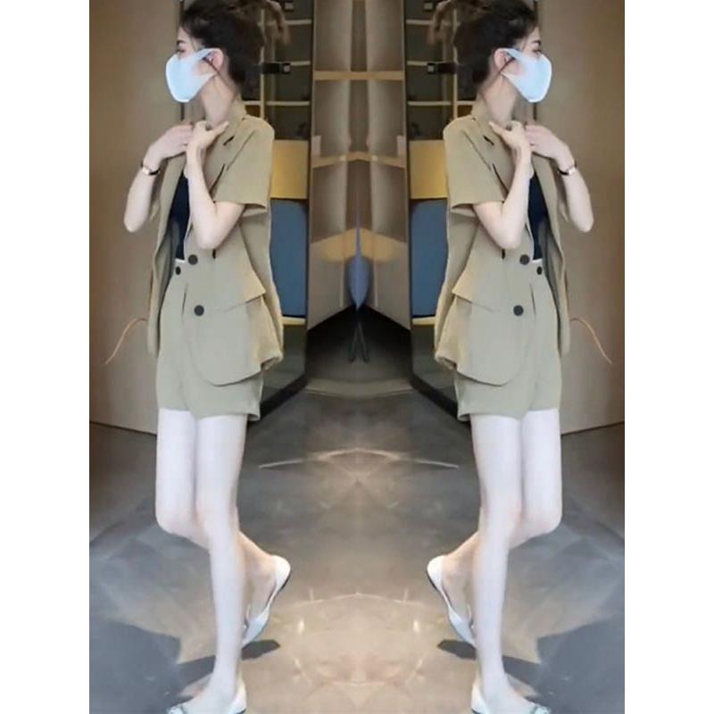 夏秋新款时尚西服套装女韩版气质显瘦短袖外套高腰阔腿短裤两件套