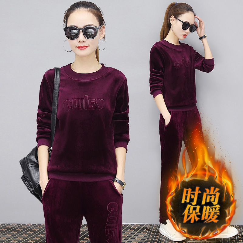 金丝绒运动服套装时尚秋冬季大码新款加绒加厚卫衣休闲圆领两件套