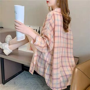 防晒衣女薄外套上衣女夏款 中长韩版 宽松学生ins防紫外线格子衬衫
