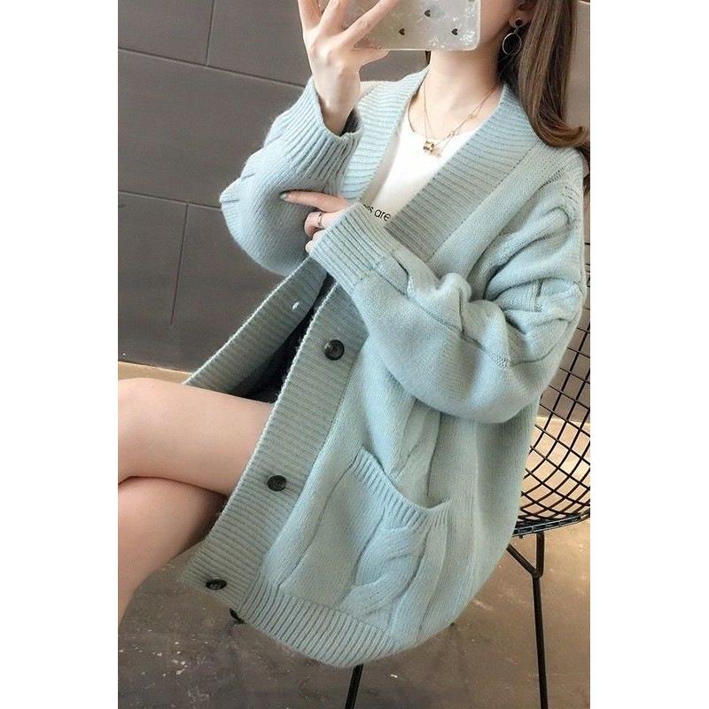 秋冬新款慵懒风V领中长麻