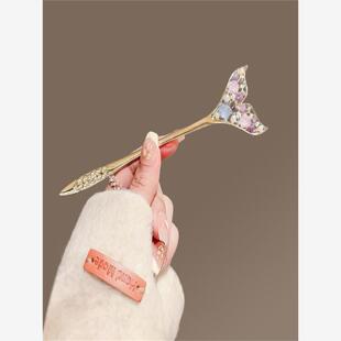 琉璃花朵鱼尾发簪女小众设计感发钗后脑勺高级感盘发簪子简约头饰