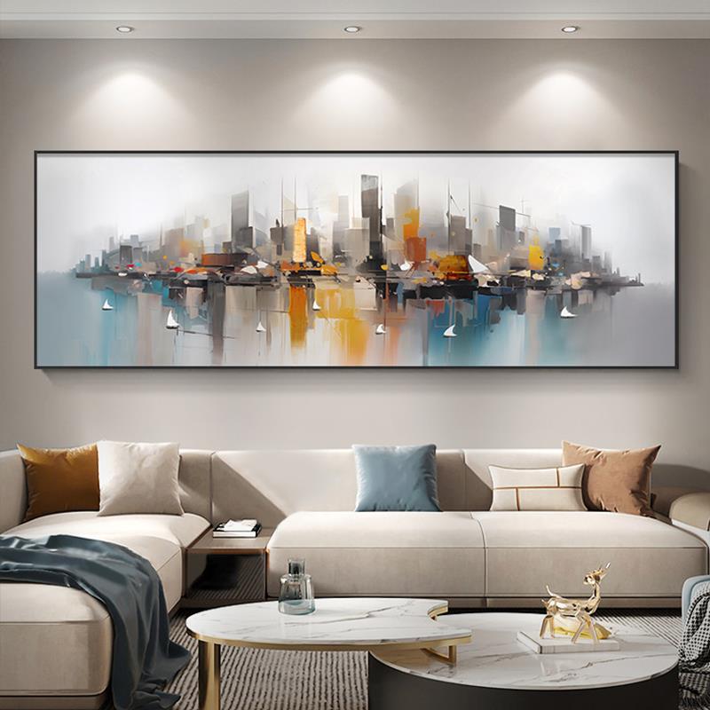 工业风城市客厅装饰画现代抽象沙发背景墙挂画高级感横款酒店壁画图片