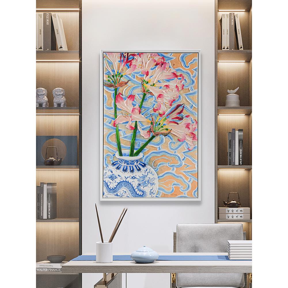 Ru禄秘新中式花卉装饰画玄关客厅挂画青花瓷朱顶红立体手绘高级感图片