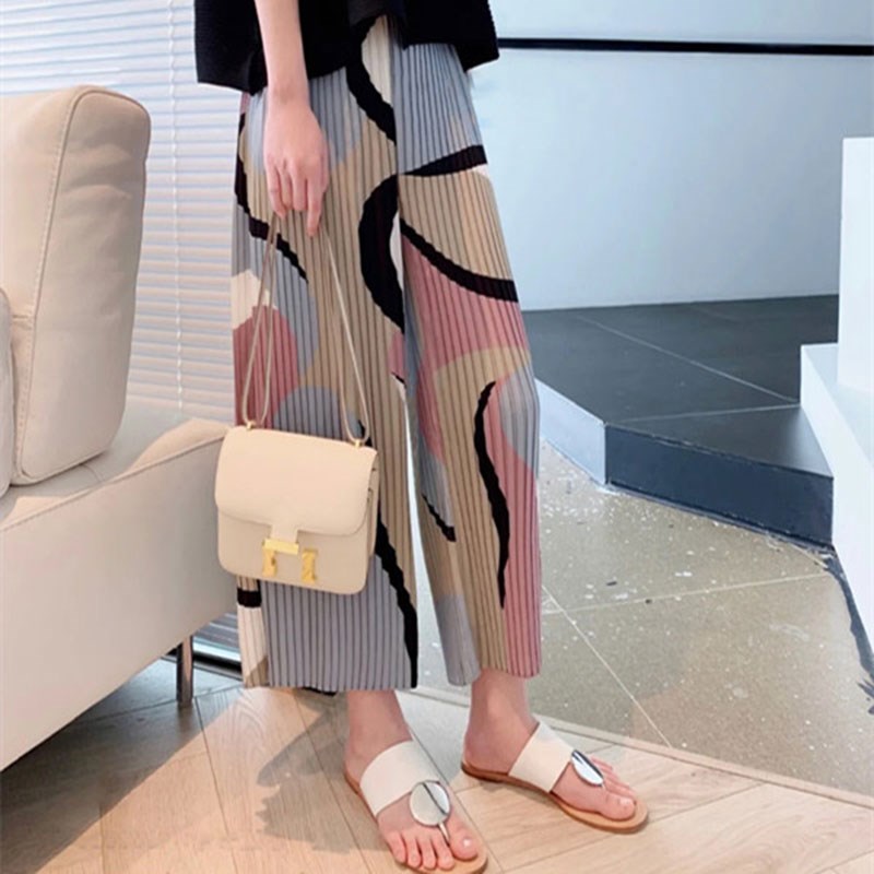 三宅风褶皱休闲裤2025新款印花女士休闲宽松垂感小个子九分风琴裤